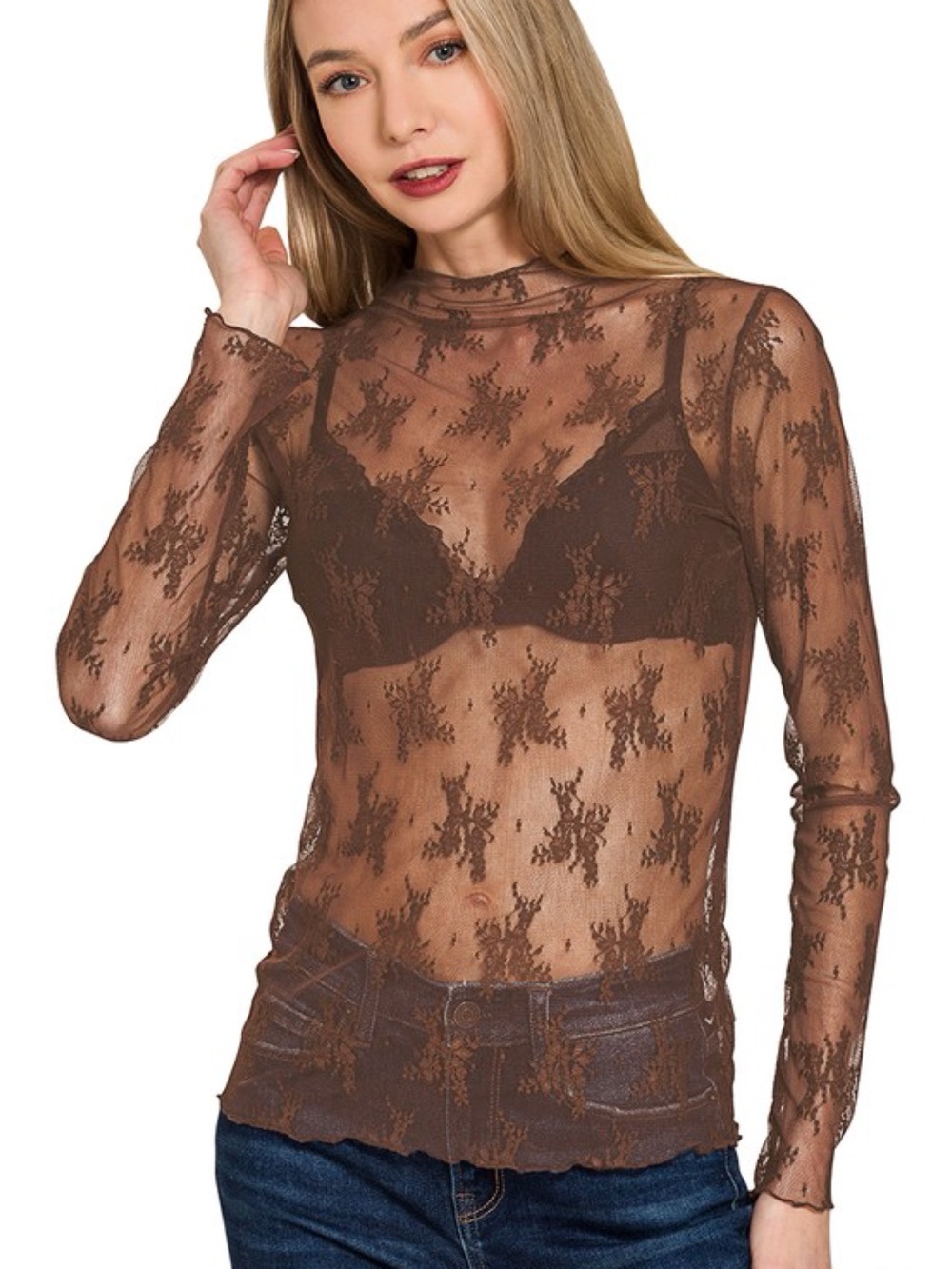 Sheer Lace Long-Sleeve Top in Brown